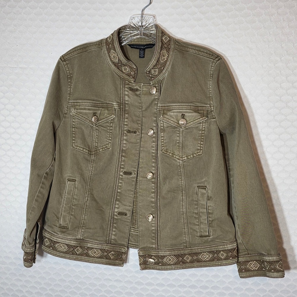 White House Black Market Olive Green Embroidered Denim Military Jacket Size 8
